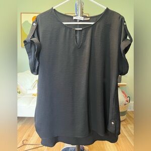 Calvin Klein Black Short-Sleeve Keyhole Roll-Tab Blouse